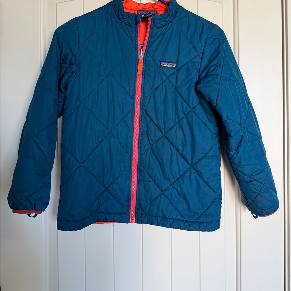 Patagonia Teal Quilted Jacket with Orange Zipper